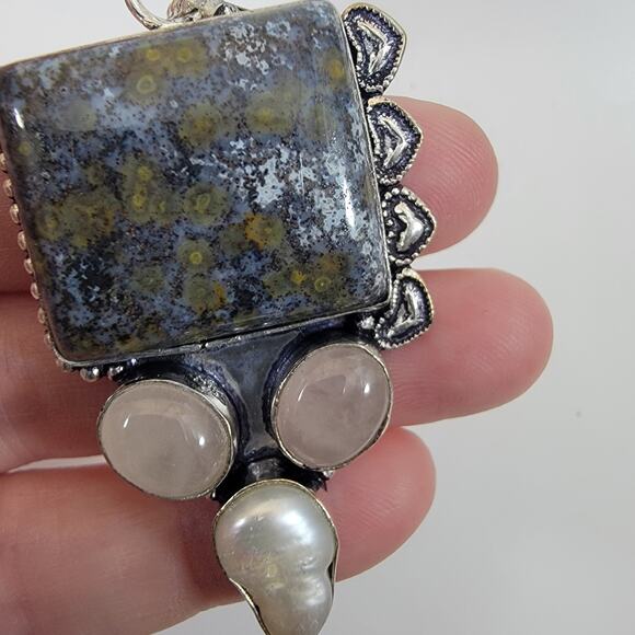 Handmade Silver Pendant with Ocean Jasper, Rose Quartz & Pearl - Picture 6 of 10